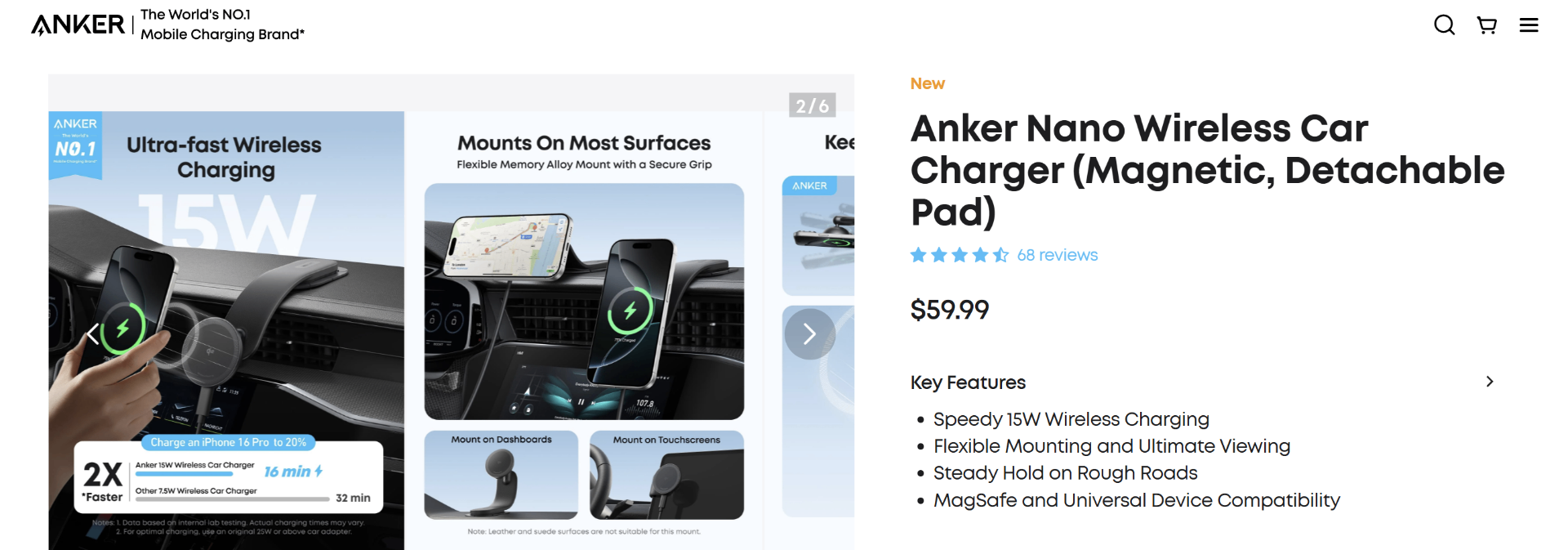Anker Nano Wireless Car Charger (Magnetic, Detachable Pad)