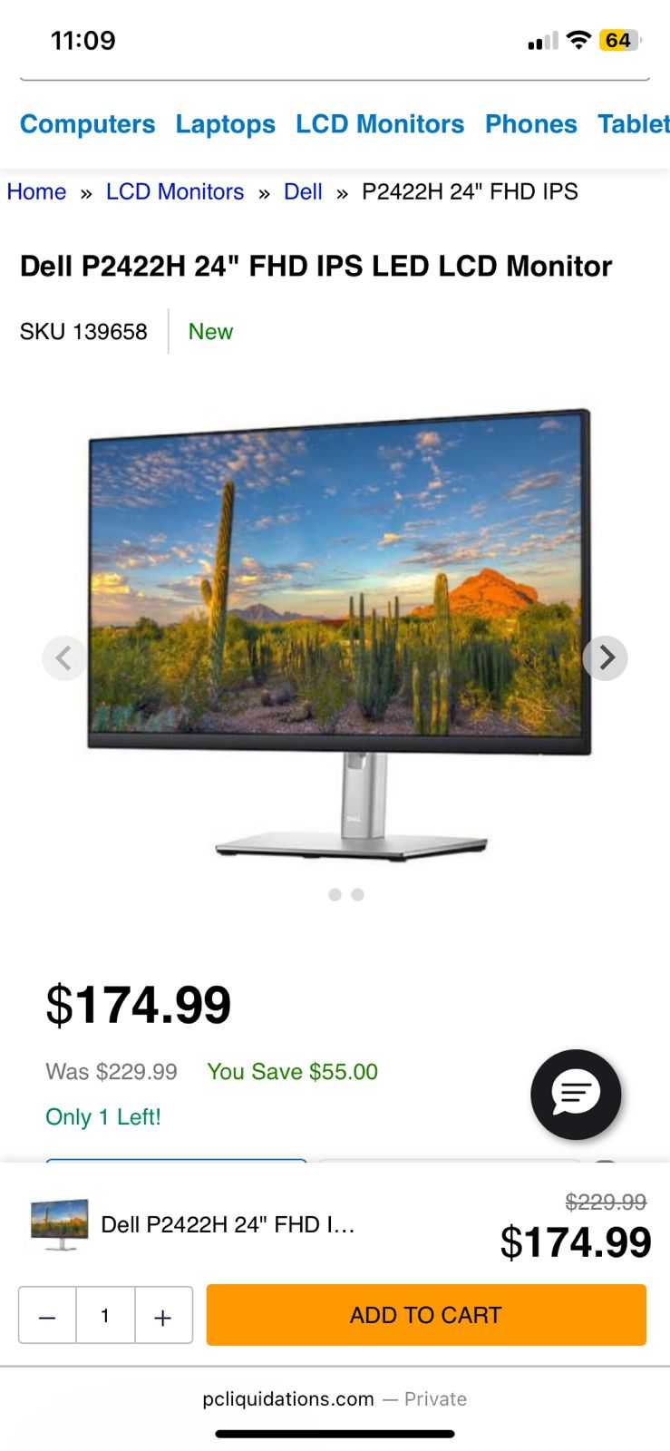Full HD 1080p 24" Dell Monitor P2422H 